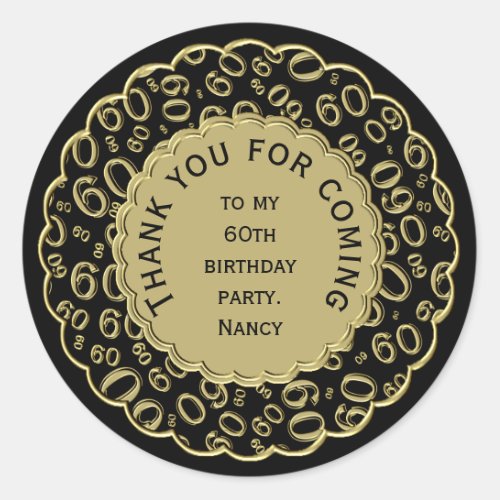 Thank You 60th Birthday Number Pattern BlackGold Classic Round Sticker