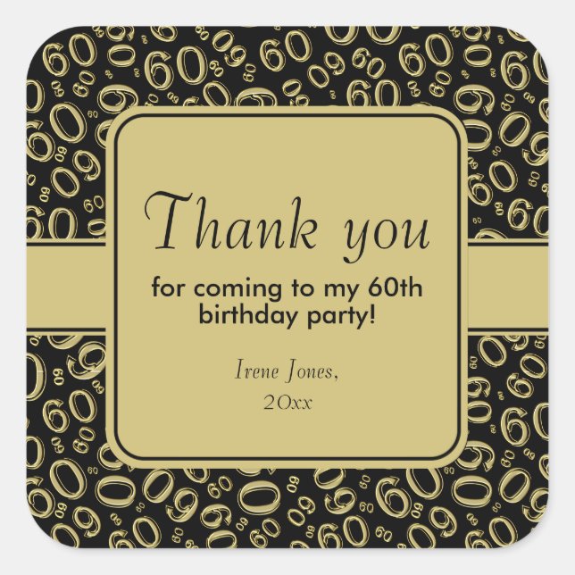 Thank You 60th Birthday Number Pattern Black/Gold Square Sticker (Front)