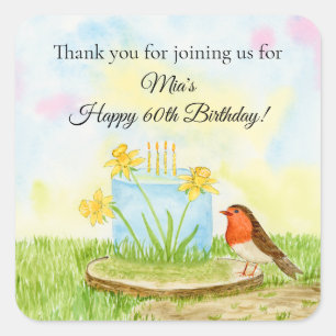 Thank You 60th Birthday Robin with Daffodil Cake Square Sticker