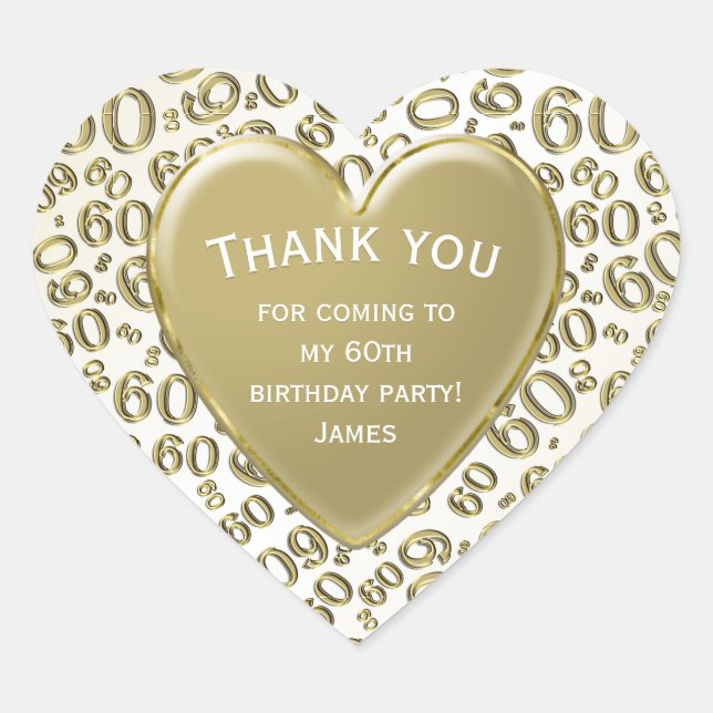 Thank you - 60th Number Pattern Gold and White Heart Sticker (Front)