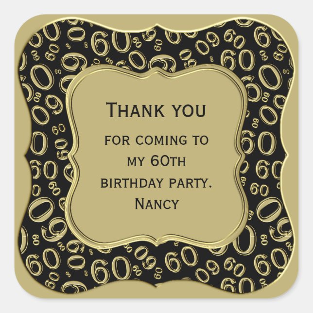 Thank you: 60th Number Pattern Gold/Black Bracket Square Sticker (Front)
