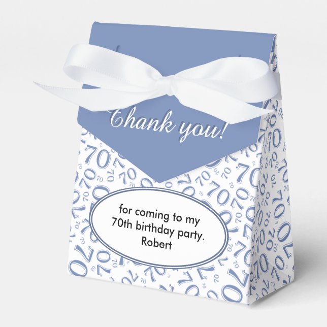 Thank You 70th Birthday Blue/White Number Pattern Favor Boxes (Front Side)