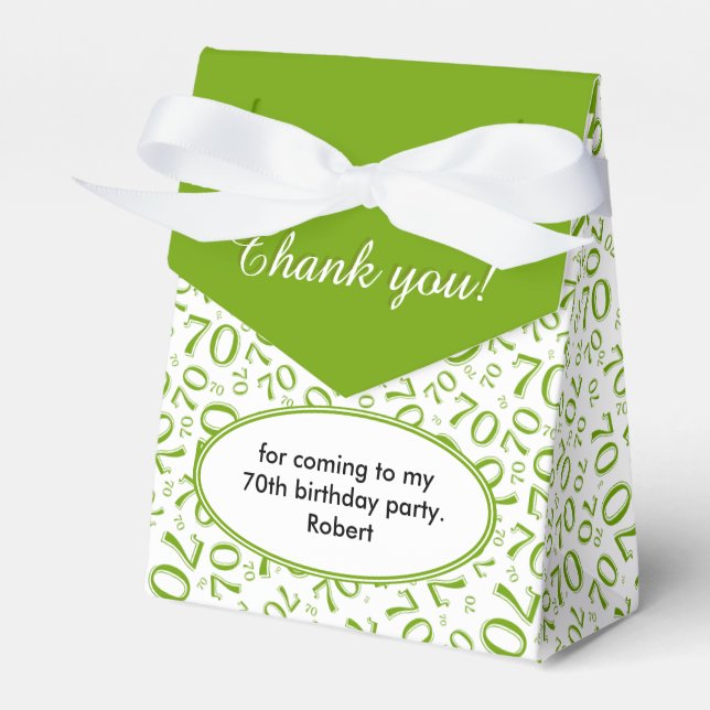 Thank You 70th Birthday Green/White Number Pattern Favor Boxes (Front Side)