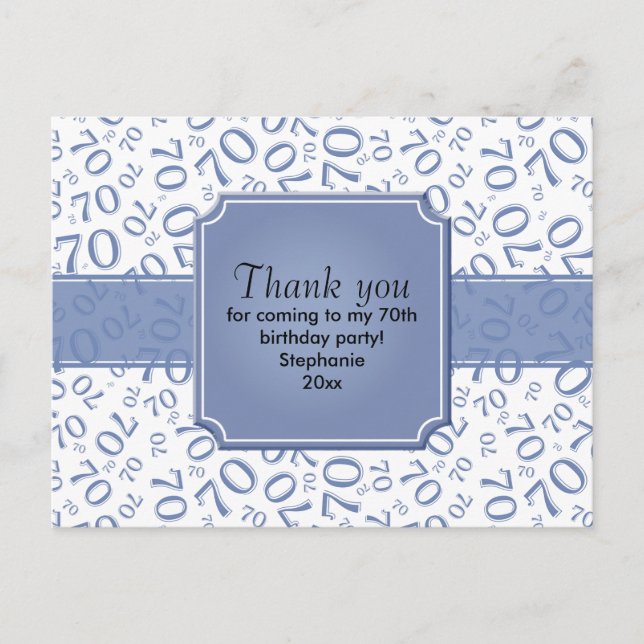 Thank You 70th Birthday Number Pattern Blue/White Postcard (Front)