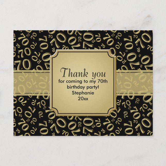 Thank You 70th Birthday Number Pattern Gold/Black Postcard (Front)