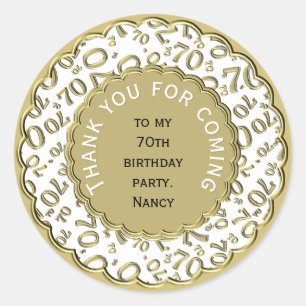 Thank You 70th Birthday Number Pattern Gold/White Classic Round Sticker
