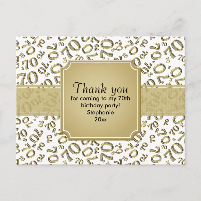 Thank You 70th Birthday Number Pattern Gold/White Postcard (Front)