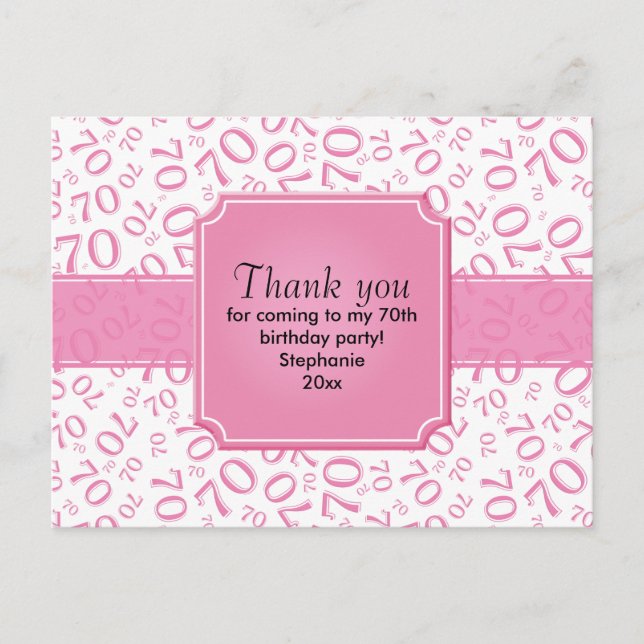 Thank You 70th Birthday Number Pattern Pink/White Postcard (Front)