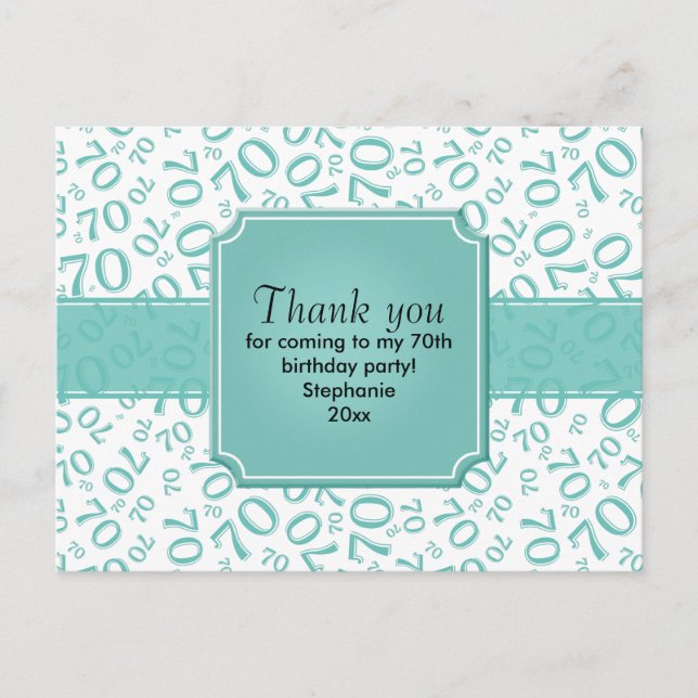 Thank You 70th Birthday Number Pattern Teal/White Postcard (Front)