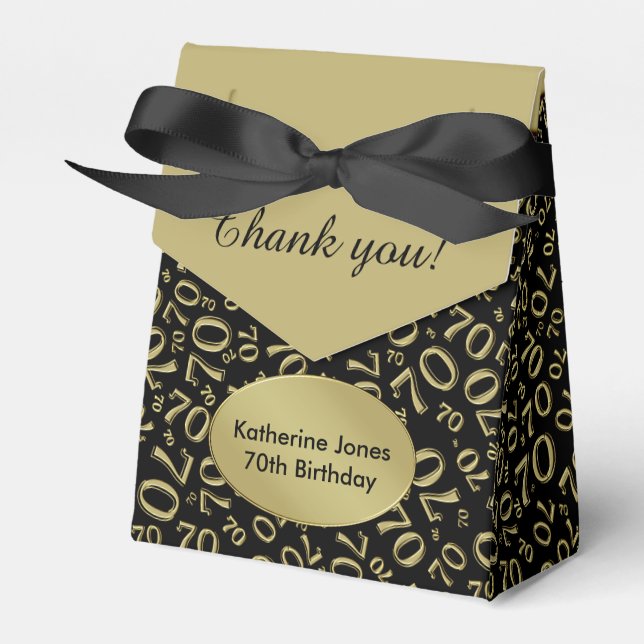 Thank You:  70th Birthday Theme Gold/Black Favor Boxes (Front Side)