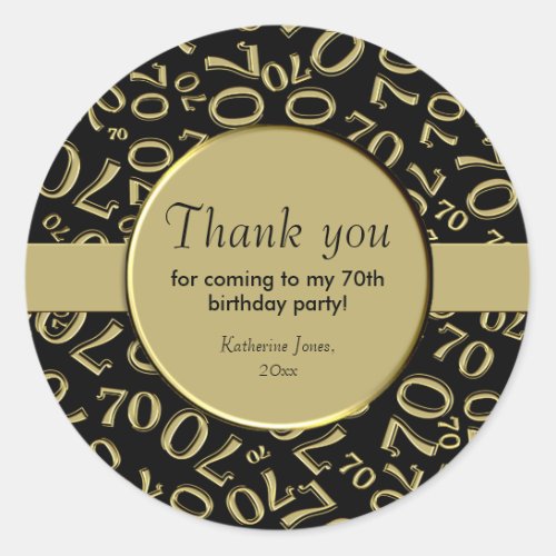 Thank You  70th Number Pattern Gold and Black Classic Round Sticker