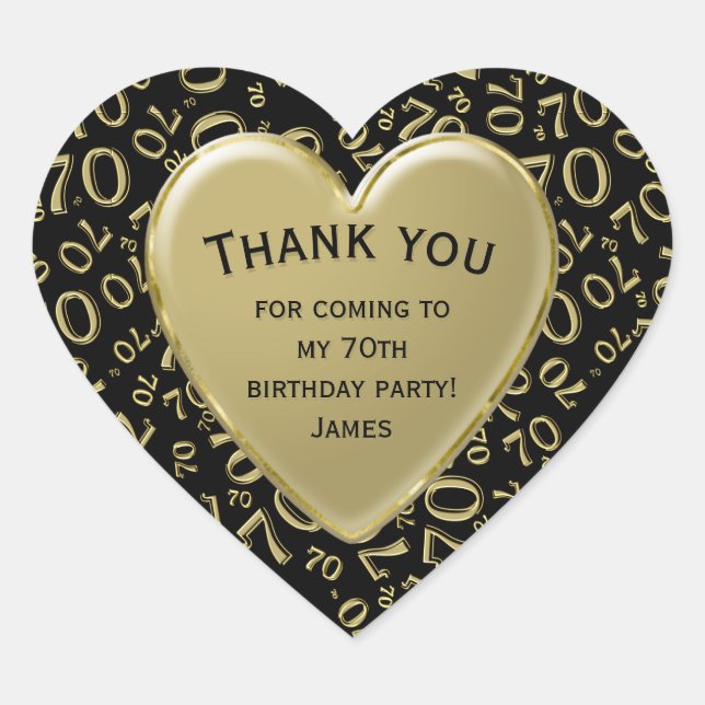 Thank you - 70th Number Pattern Gold and Black Heart Sticker (Front)