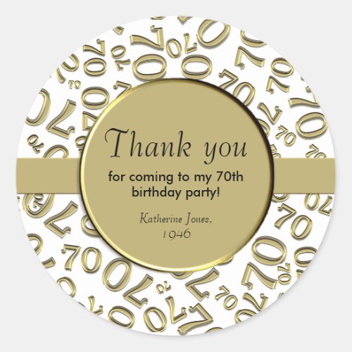 Thank You  70th Number Pattern Gold and White Classic Round Sticker