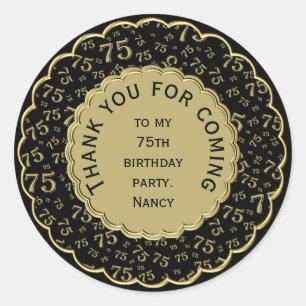 Thank You 75th Birthday Black and Gold Pattern Classic Round Sticker