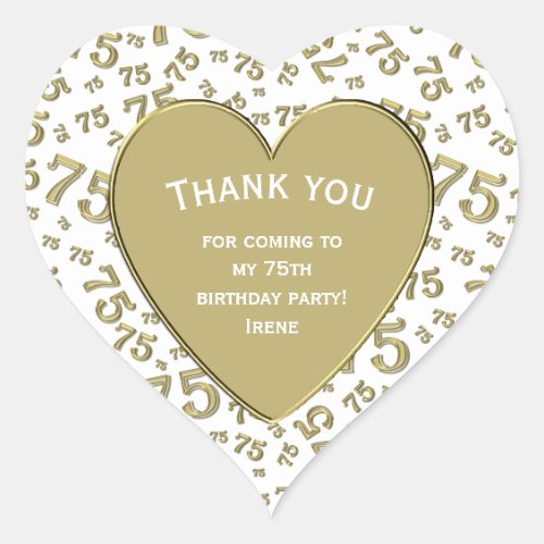 Thank you 75th Birthday GoldWhite Number Pattern Heart Sticker
