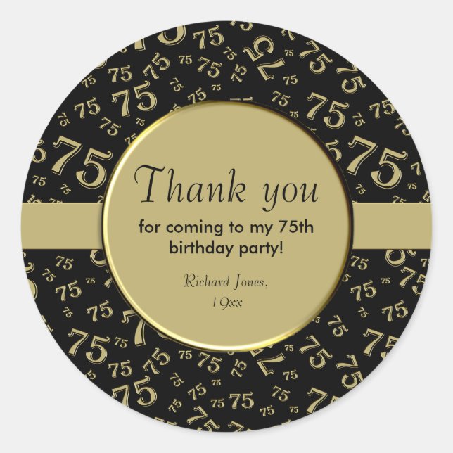 Thank You: 75th Black & Gold Number Pattern Classic Round Sticker (Front)