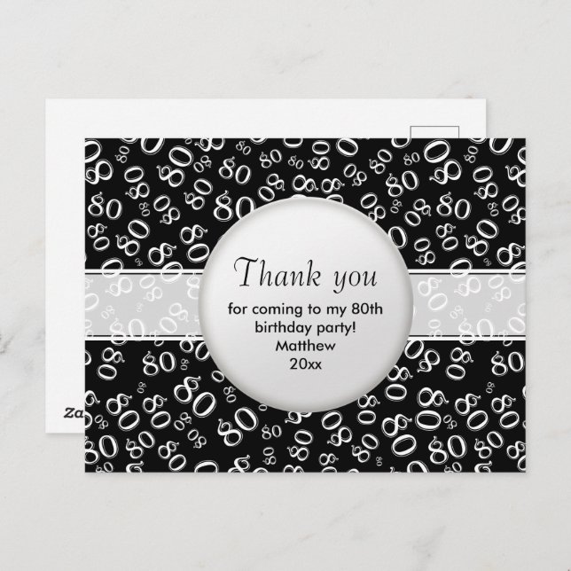 Thank You: 80 Black/White Birthday Number Pattern Postcard (Front/Back)