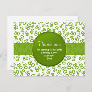 Thank You: 80 Green/White Birthday Number Pattern Postcard