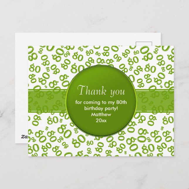 Thank You: 80 Green/White Birthday Number Pattern Postcard (Front/Back)