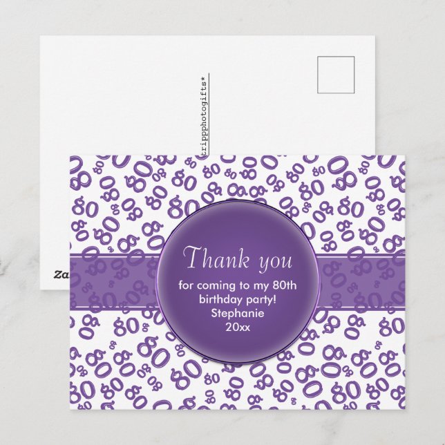 Thank  You 80 Purple/White Birthday Number Pattern Postcard (Front/Back)