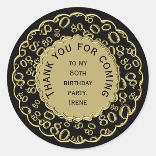 Thank You 80th Birthday Black and Gold Theme Classic Round Sticker