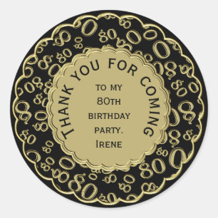 Thank You 80th Birthday Black and Gold Theme Classic Round Sticker