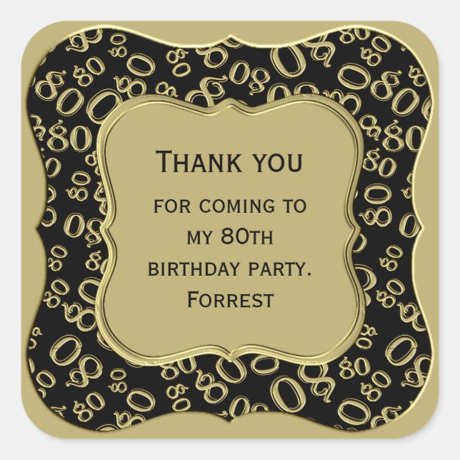 Thank You 80th Birthday Gold/Black Number Pattern Square Sticker (Front)
