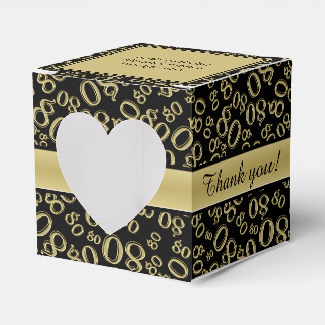 "Thank you": 80th Birthday Gold/Black  Pattern Favor Boxes (Front Side)