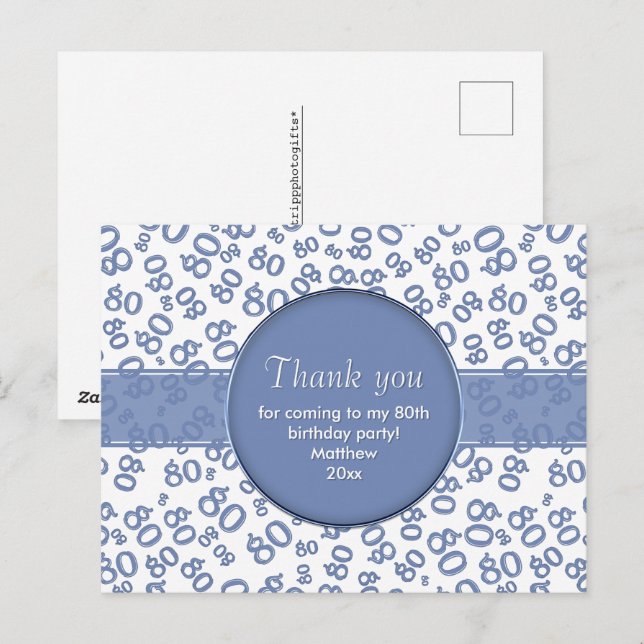 Thank You: 80th Blue/White Birthday Number Pattern Postcard (Front/Back)