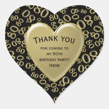 Thank You - 80th Number Pattern Gold And Black Heart Sticker by NancyTrippPhotoGifts at Zazzle