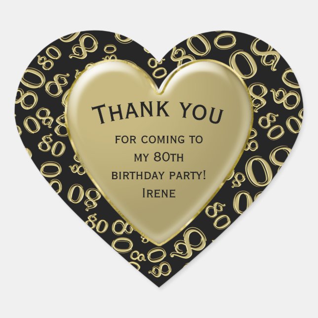 Thank you - 80th Number Pattern Gold and Black Heart Sticker (Front)