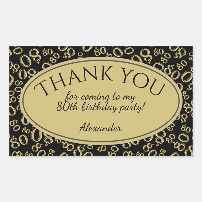 Thank You - 80th Number Pattern Gold and Black Rectangular Sticker (Front)