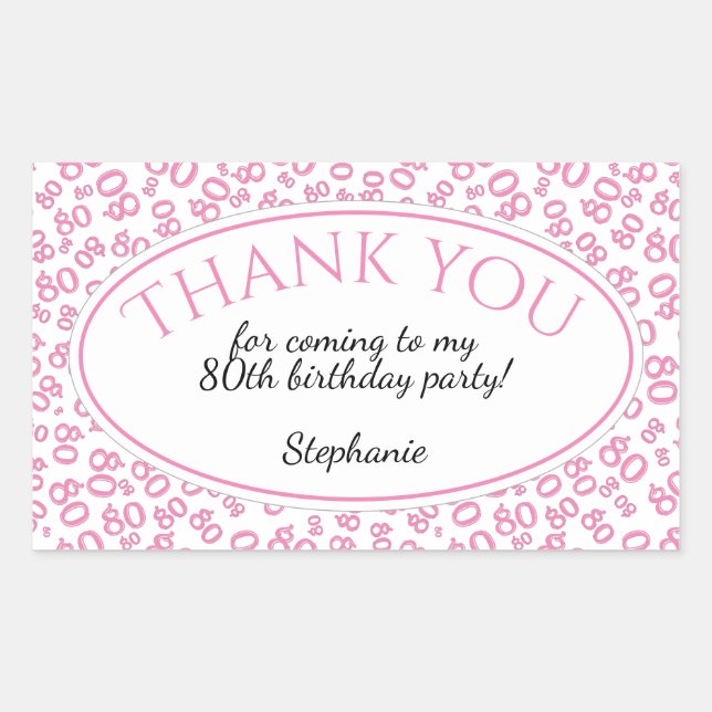 Thank You - 80th Number Pattern Pink and White Rectangular Sticker (Front)
