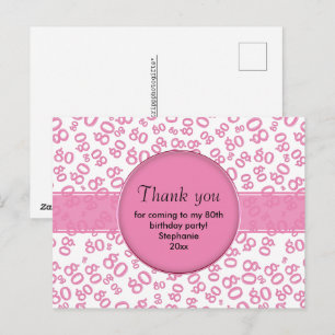 Thank You: 80th Pink/White Birthday Number Pattern Postcard