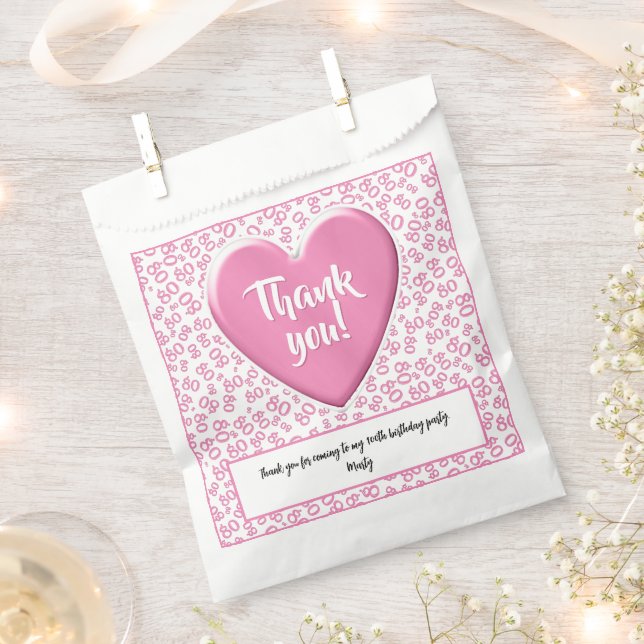 Thank You 80th Random Number Pattern Pink/White Favor Bag (Clipped)