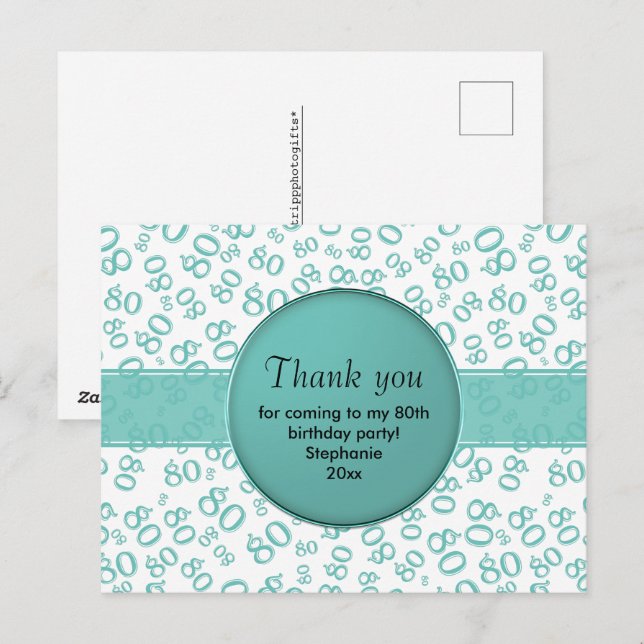 Thank  You 80th Teal/White Birthday Number Pattern Postcard (Front/Back)