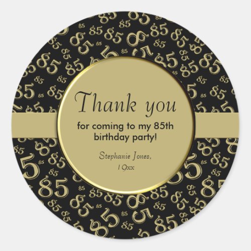 Thank You 85th Birthday Gold and Black Pattern Classic Round Sticker