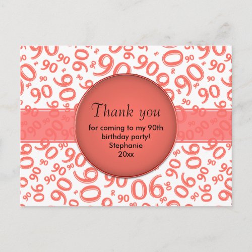 Thank You 90 CoralWhite Birthday Number Pattern Postcard