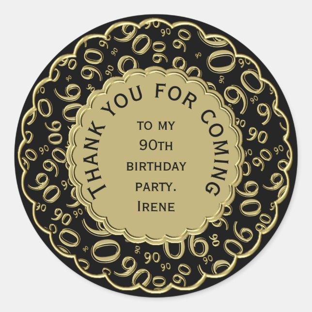 Thank You 90th Birthday Black/Gold Number Pattern Classic Round Sticker (Front)