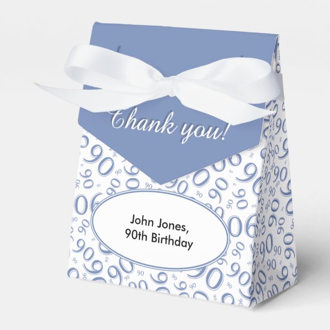 Thank You 90th Birthday Blue/White Pattern Favor Boxes (Front Side)