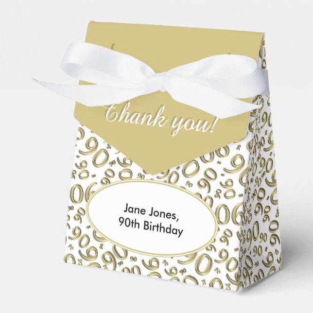 Thank You 90th Birthday Gold/White Pattern Favor Boxes (Front Side)