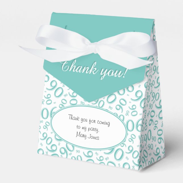 Thank You 90th Birthday Teal/White Pattern Favor Boxes (Front Side)