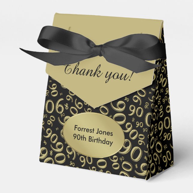 Thank You:  90th Birthday Theme Gold/Black Favor Boxes (Front Side)