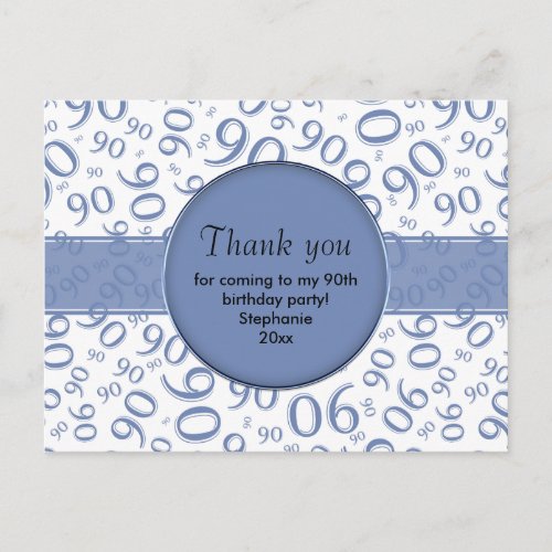 Thank You 90th BlueWhite Birthday Number Pattern Postcard