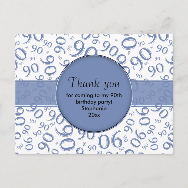 Thank You 90th Blue/White Birthday Number Pattern Postcard (Front)