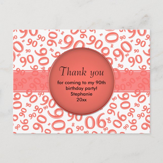 Thank You 90th Coral/White Birthday Number Pattern Postcard (Front)