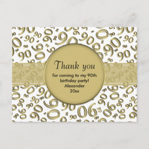 Thank You 90th Gold/White Birthday Number Pattern Postcard