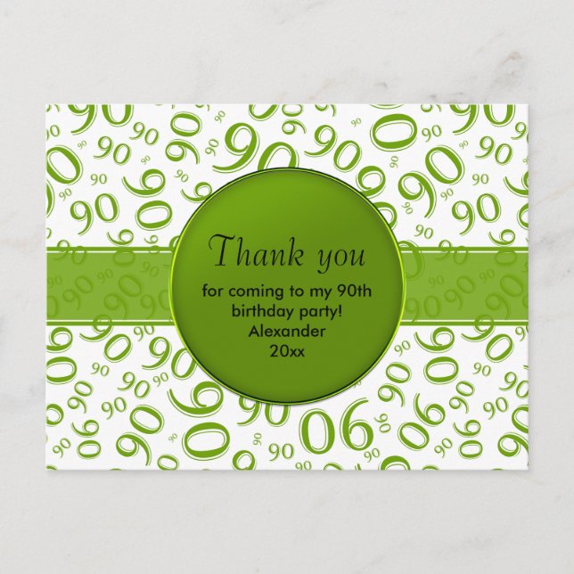 Thank You 90th Green/White Birthday Number Pattern Postcard (Front)