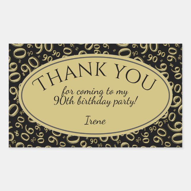 Thank You - 90th Number Pattern Gold and Black Rectangular Sticker (Front)