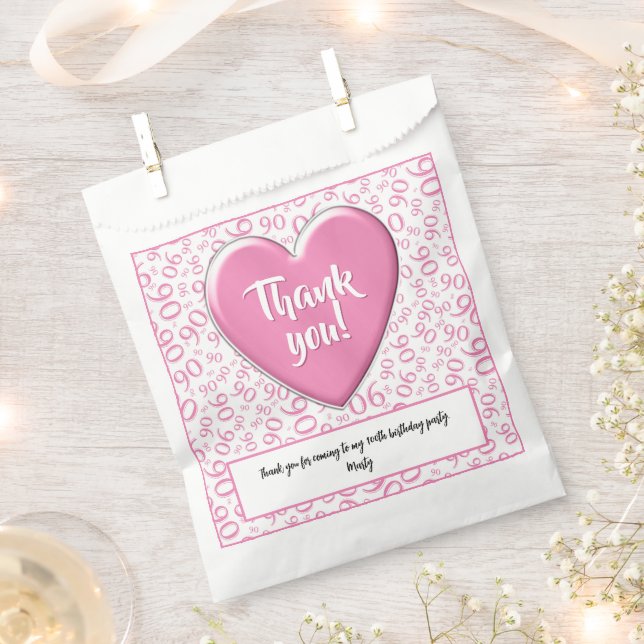 Thank You 90th Random Number Pattern Pink/White Favor Bag (Clipped)